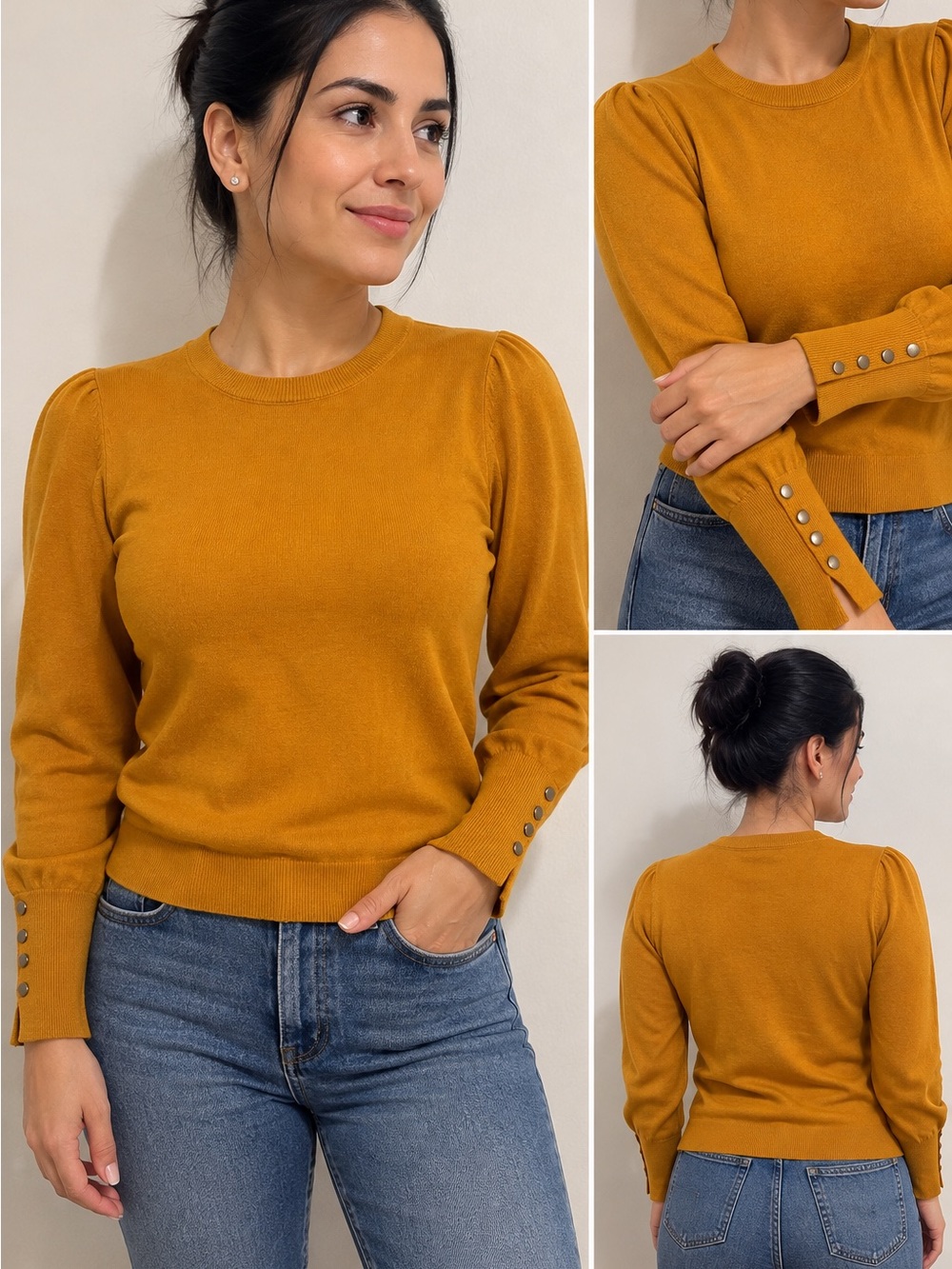 Active USA Mustard Puff Sleeve Button Cuff Knit Sweater Size S